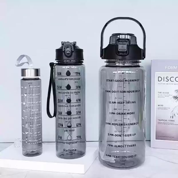 CalmFlex 3-in-1 Transparent Water Bottle Set (2000ML, 900ML, 300ML) with Motivational Time Markers, Leakproof & Gym Bottles