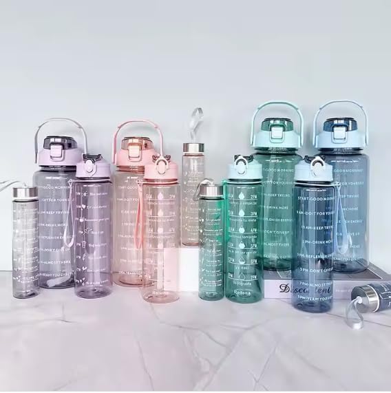 CalmFlex 3-in-1 Transparent Water Bottle Set (2000ML, 900ML, 300ML) with Motivational Time Markers, Leakproof & Gym Bottles