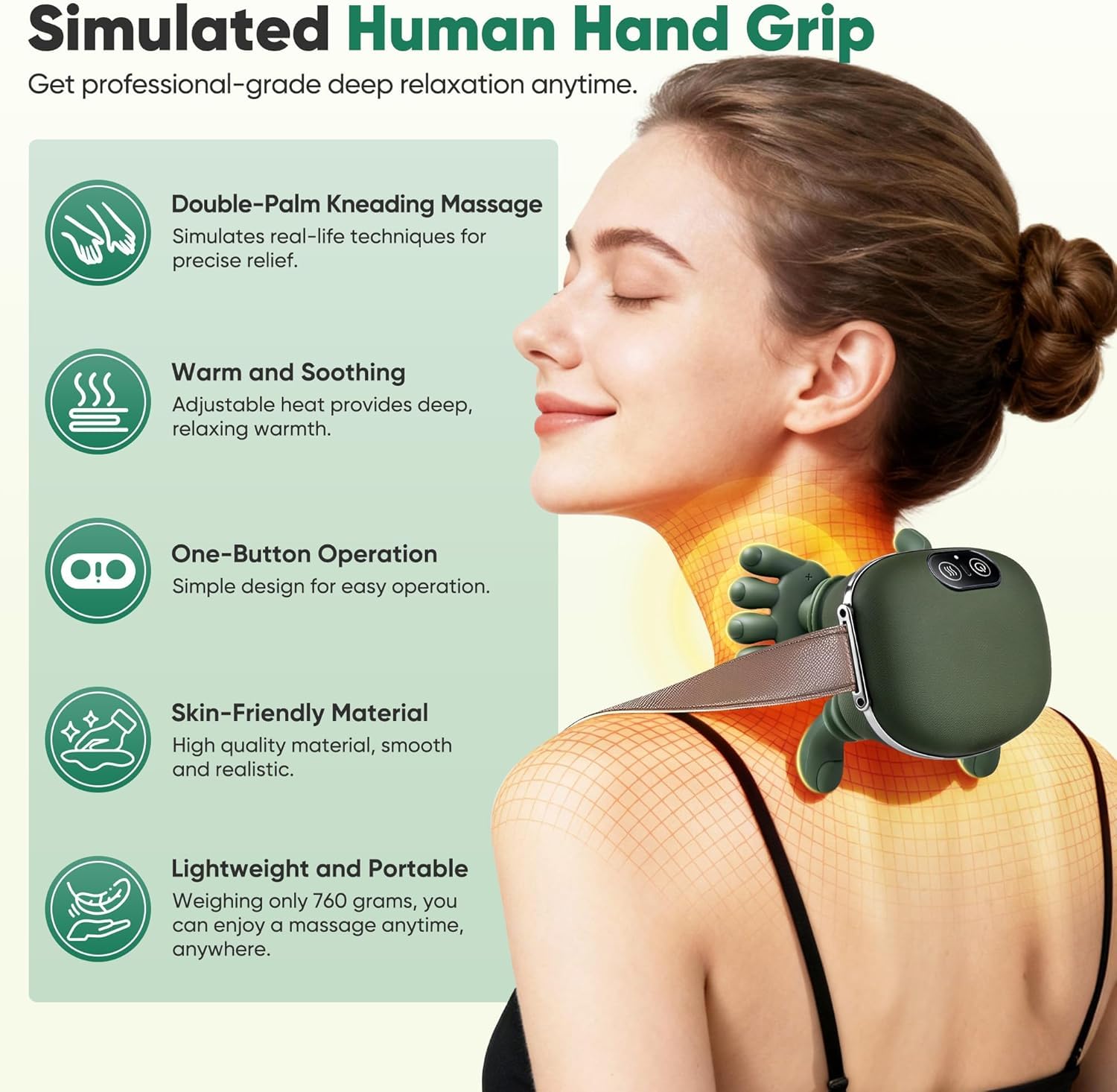 CalmFlex Shoulder and Neck Massager, Bionic Heated Massager, Neck Massager with Fingers, Kneading Massage, Simulates a Real Palm Massage for Comfort, Relax Muscle Tension